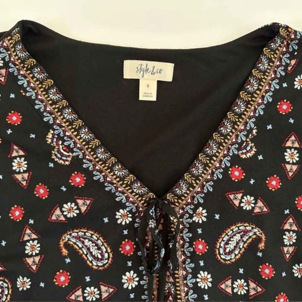 Style & Co. Navy Long Sleeve Boho Blouse with Paisley Pattern & Tassels Small - Picture 7 of 10